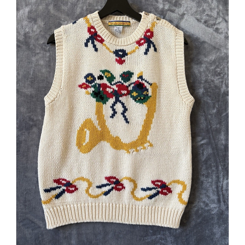 VTG Bryn‎ Connelly Sweater Vest Women S Novelty Design Bows Retro 80s Academia